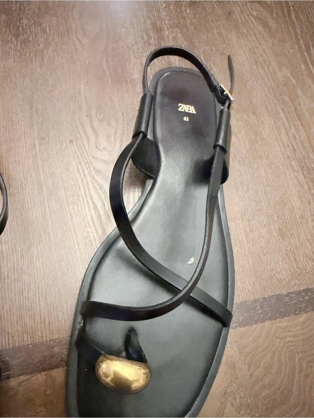 Zara Black Strappy Sandals with Gold Toe Accent - Picture 5 of 6